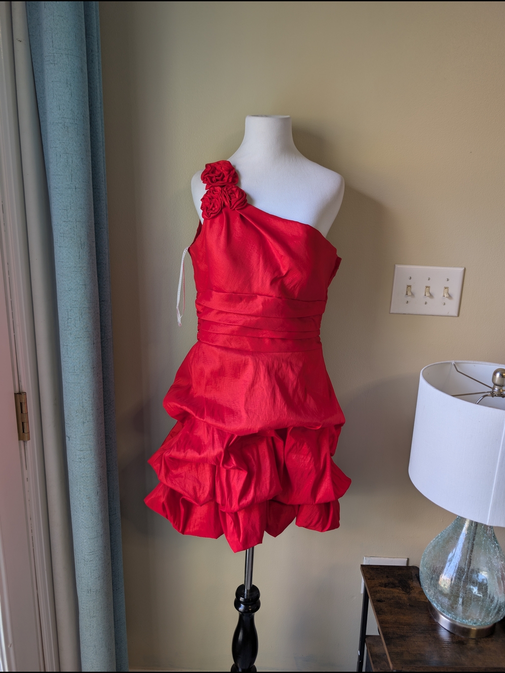 Vintage 90s Masquerade One-Shoulder Red Cocktail Dress with Rosette Detail